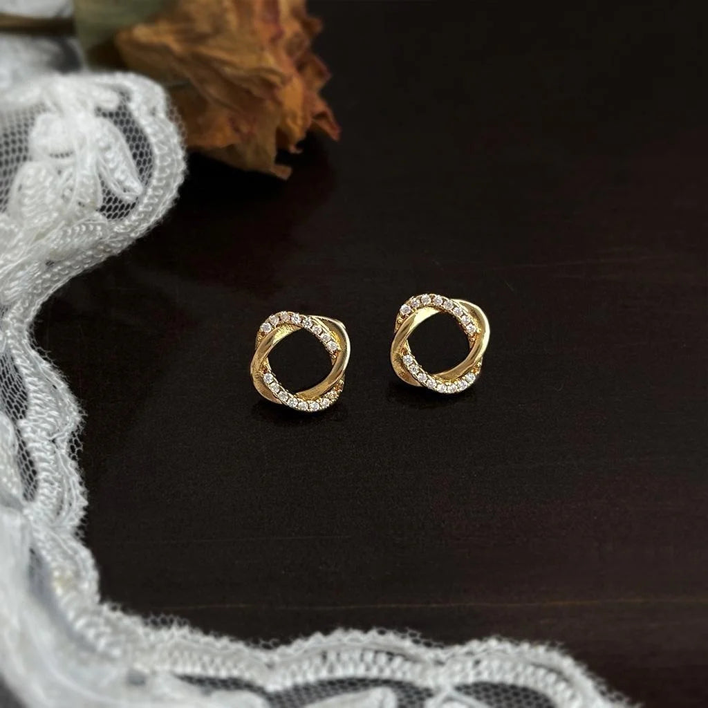 Geometric Zircon Copper Stud Earrings Minimalist Hollow Square Twisted Line Fashion Jewelry