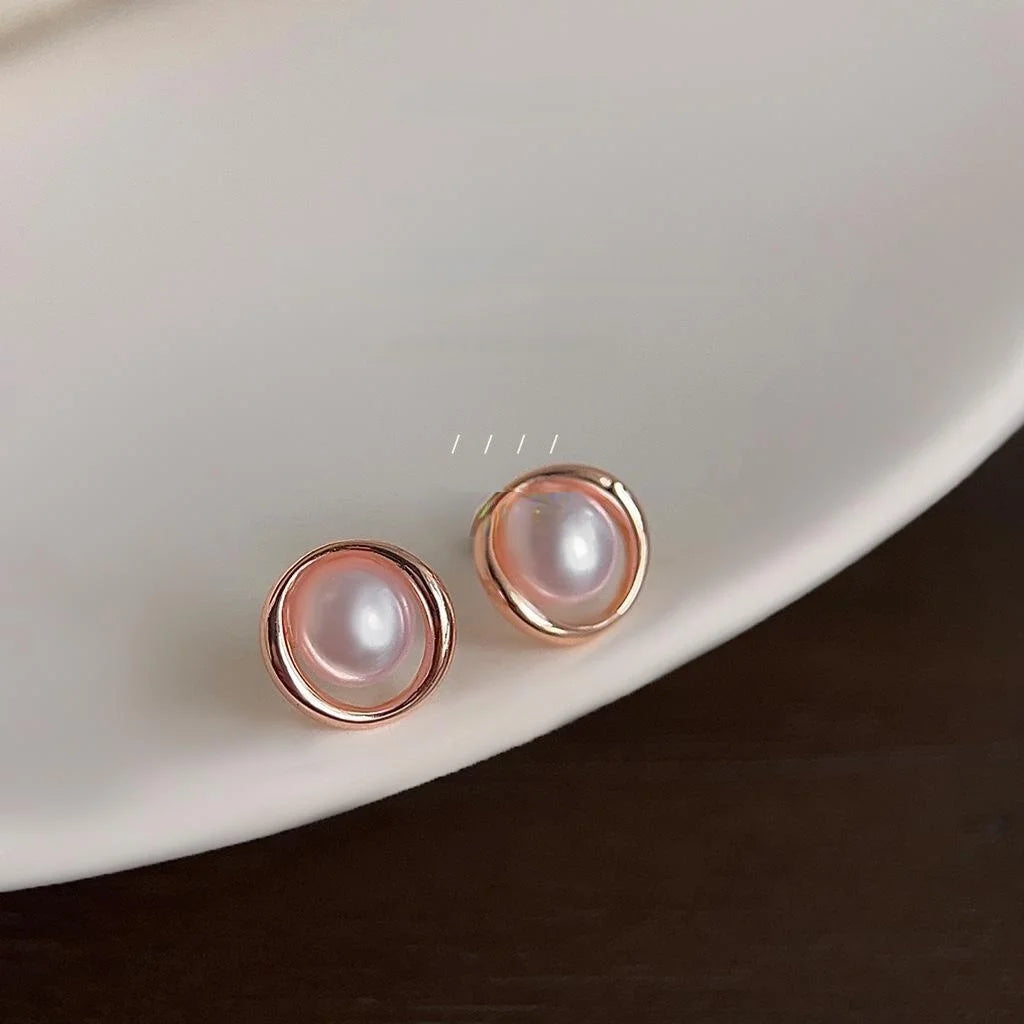 Mini Rose Gold Plated Copper Geometric Round Pearl Stud Earrings Minimalist Office Jewelry