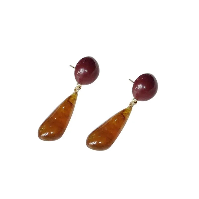 Vintage Hong Kong Style 14K Gold Plated Amber Resin Teardrop Drop Earrings For Women
