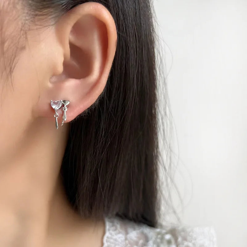 Elegant Tiny Heart Zircon Dangle Stud & Clip On No Piercing Silver Alloy Sparkle Love Earrings