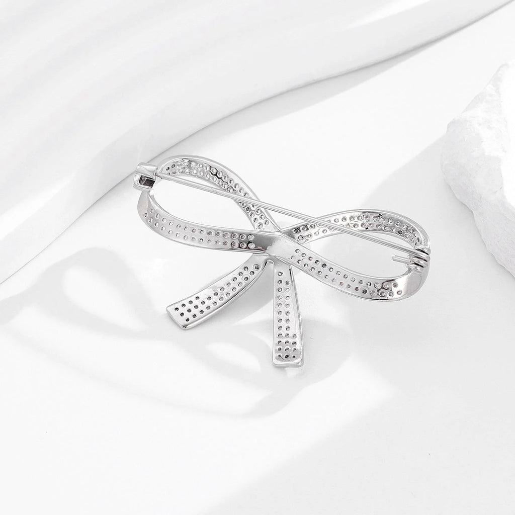 Elegant Rhinestone Zircon Bow Brooch With Pearl Center, Women's Fashion Lapel Pin Corsage Suit Accessory