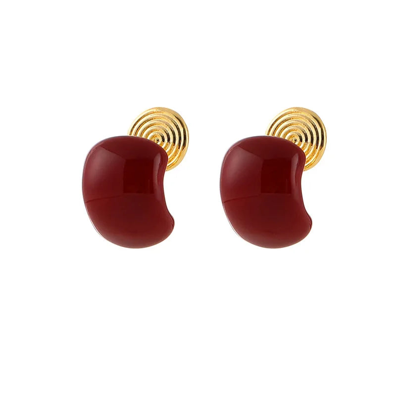 Vintage Red Bean Enamel Spiral Disc Alloy Stud & Clip On No Piercing Women Jewelry Earrings