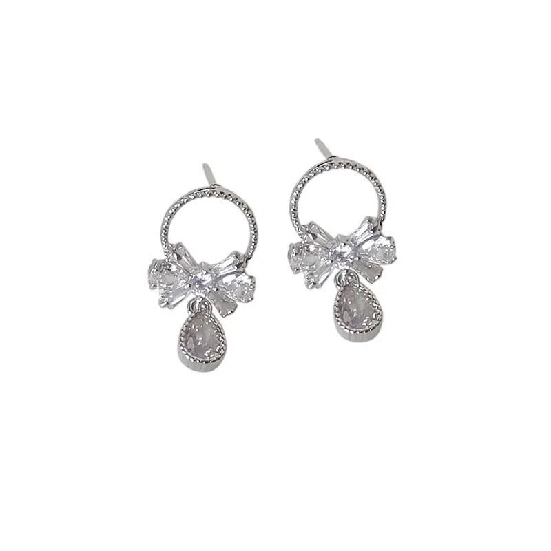 Zircon Bow Drop Earrings Silver Plated Sweet Pastoral Korean Style Jewelry