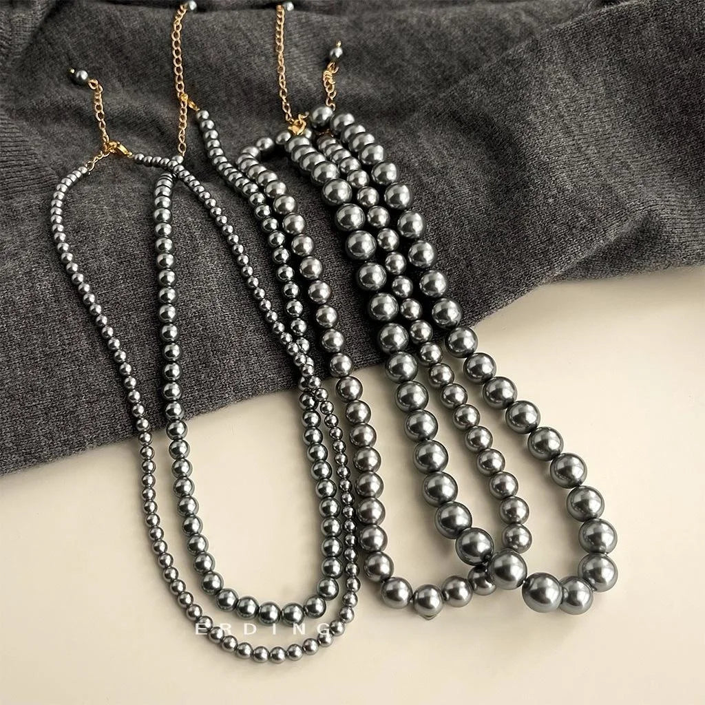 14K Plated Gray Glass Pearl Geometric Round Sweater Necklace Choker
