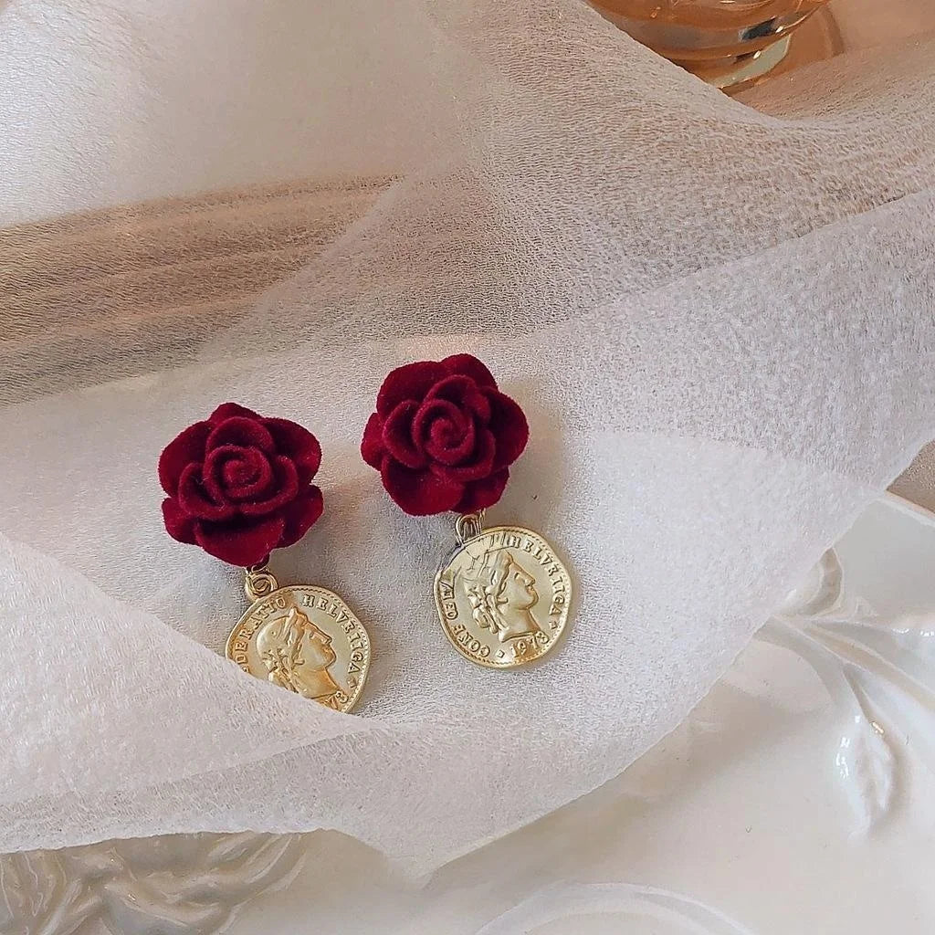 French Vintage Flocked Resin Rose Stud Earrings With 14K Silver Plated Pins Elegant Floral Jewelry