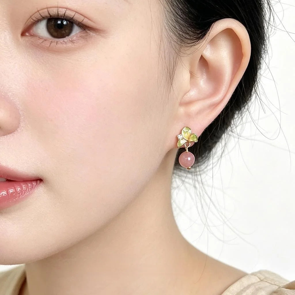 Sweet Elegant Zircon Copper Enamel Hand Painted Flower Drop Earrings For Women