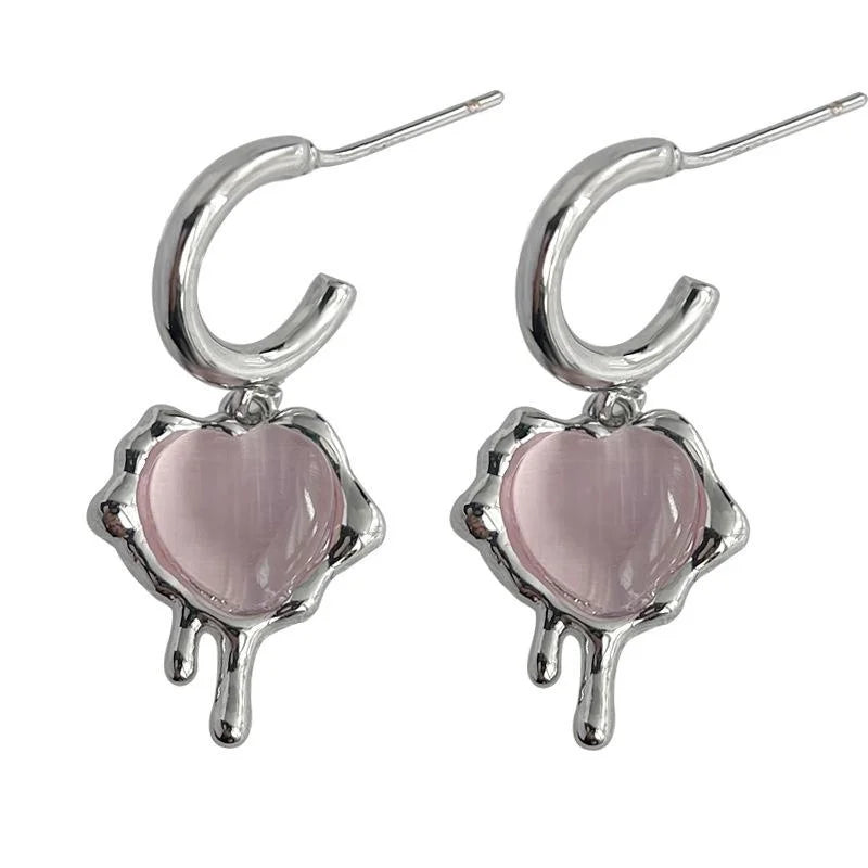 Sweet Cool Heart Glass Cat Eye Stone Copper Drop Earrings Designer Style