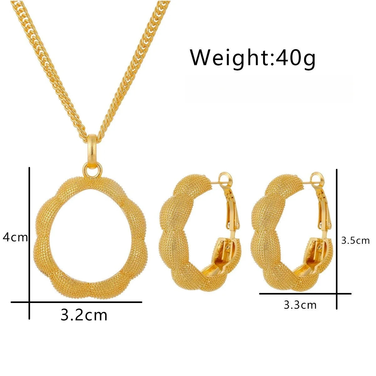 Luxury 24K Gold Color Alloy Hoop Earrings And Pendant Necklace Jewelry Set For Bridal Wedding Banquet Gift
