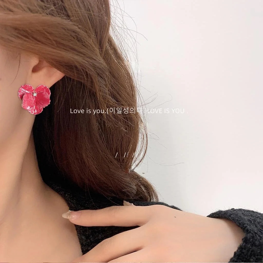 Clip On Copper Flower Drop Earrings Handmade Enamel Korean Japanese Statement Jewelry