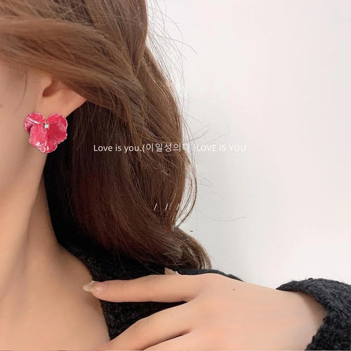 Clip On Copper Flower Drop Earrings Handmade Enamel Korean Japanese Statement Jewelry