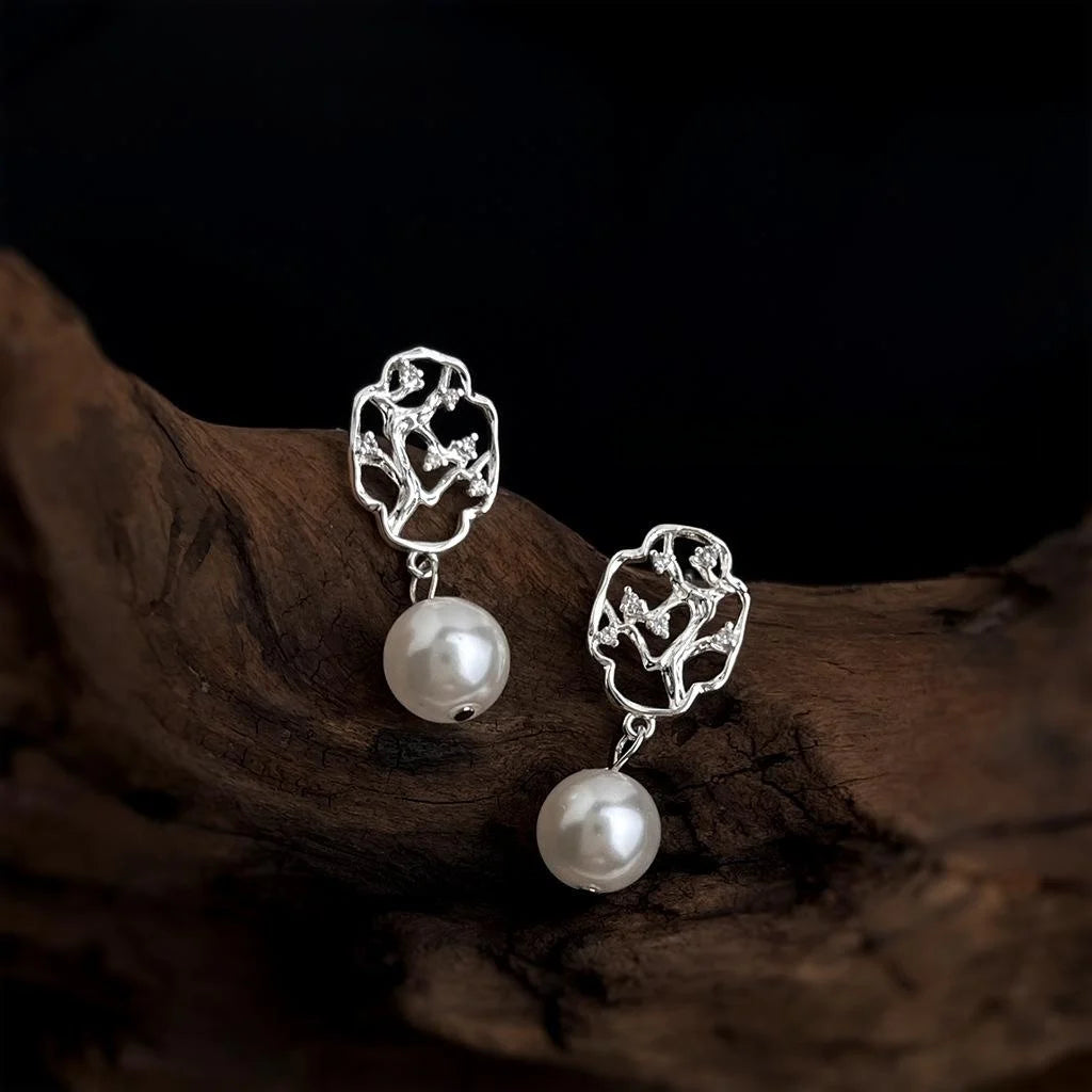 Vintage Chinese Style Plum Blossom Geometric Copper Drop Earrings