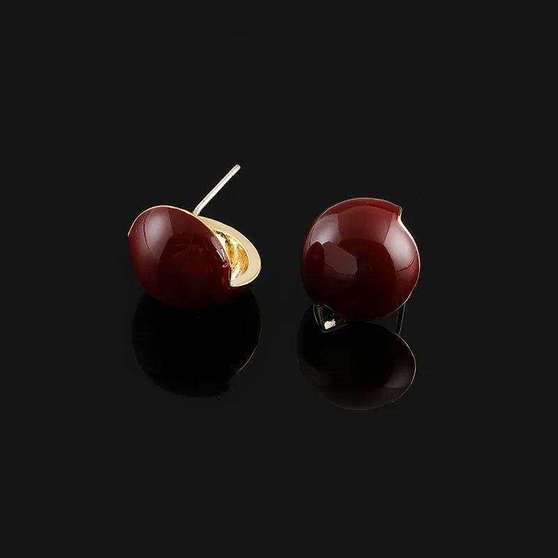 Elegant Vintage Burgundy Enamel Round Ball Alloy Spiral Disc Stud & Clip On No Piercing Earrings