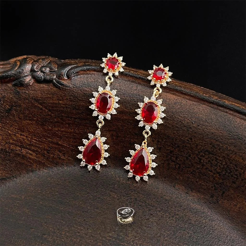 French Vintage Copper Zircon Red Teardrop Long Tassel Drop Earrings