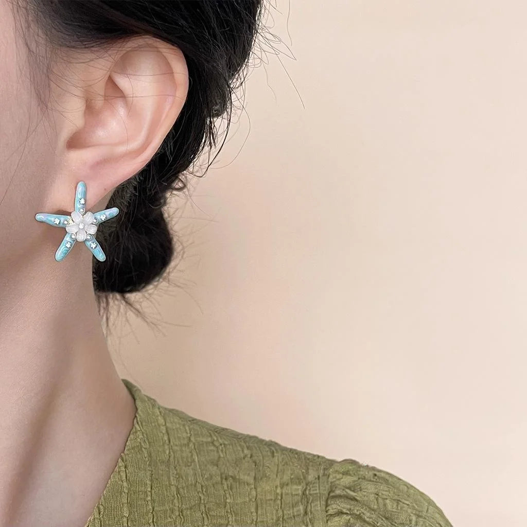 Vacation Style Resin Starfish Stud Earrings With Glossy Pearl Flower Enamel Design