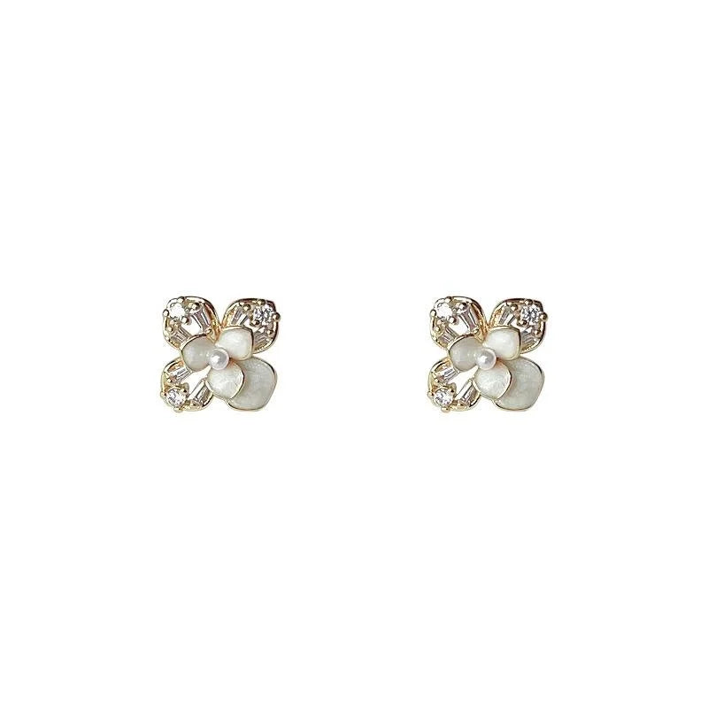 Sweet Floral Stud Earrings 14K Gold Plated Copper Micro Pave Zircon Enamel Flower Design