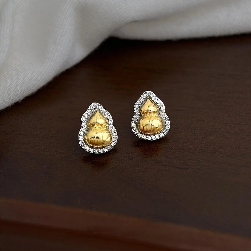 Two Tone Micro Pave Zircon Gourd Stud Earrings, Silver Plated Copper Light Luxury Jewelry