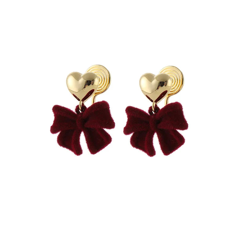 Elegant Red Flocked Bow Gold Heart Alloy Stud & Clip On No Piercing Winter New Year Earrings