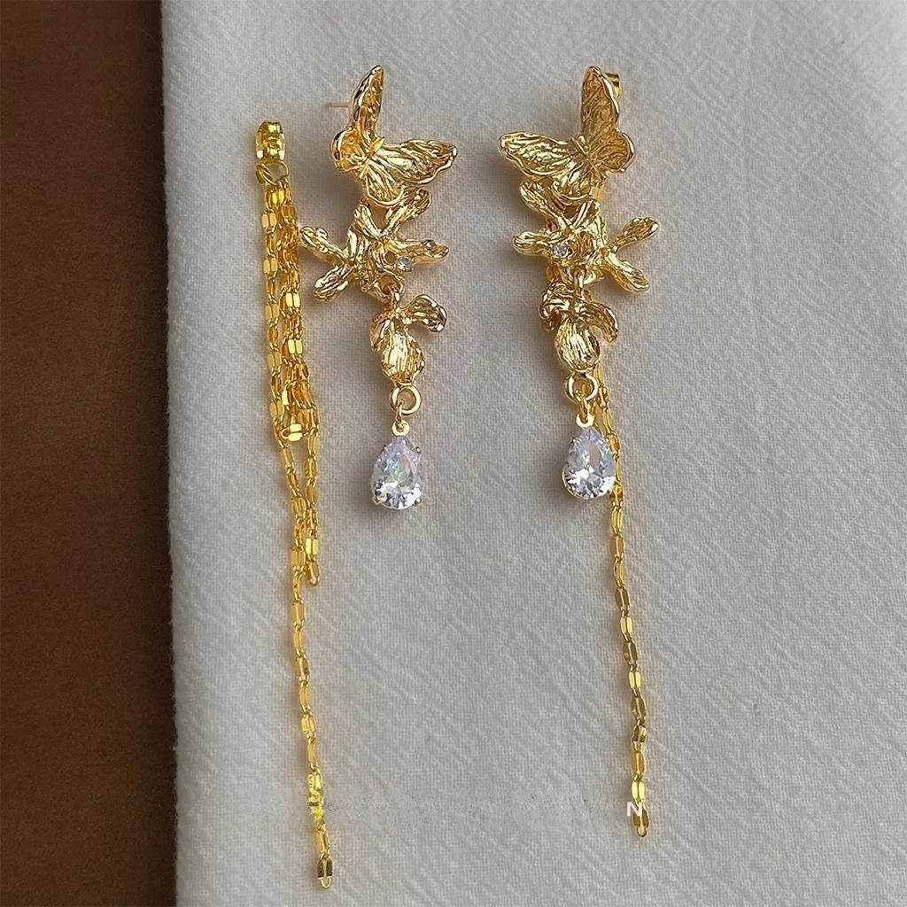 Luxury Copper Butterfly Tassel Drop Earrings Long Teardrop Convertible Statement Jewelry