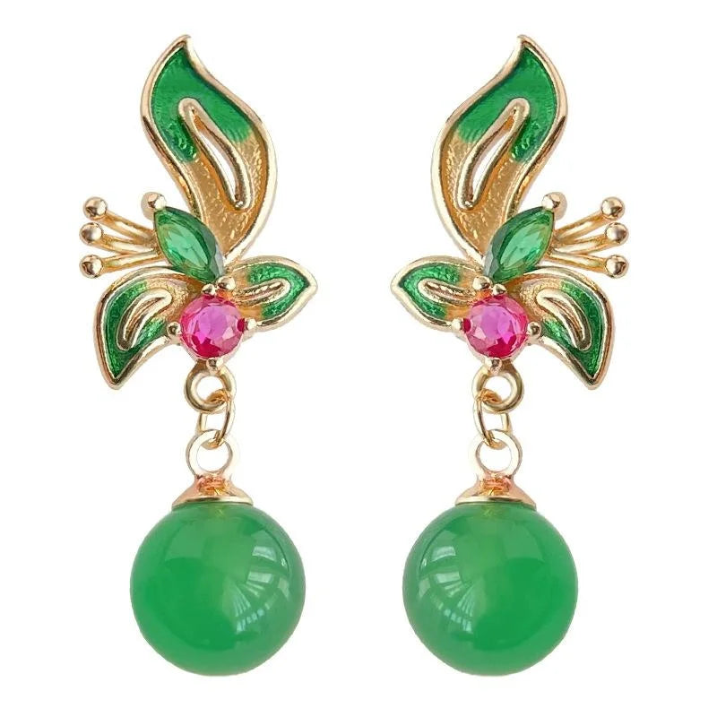Chinese Style Green Agate Flower Drop Earrings, Copper Micro Pave Zircon Peacock Green Jewelry