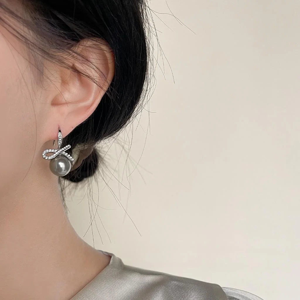 Luxury Gray Glass Pearl Bow Drop Earrings For Women Copper Micro Pave Zircon Minimalist Jewelry