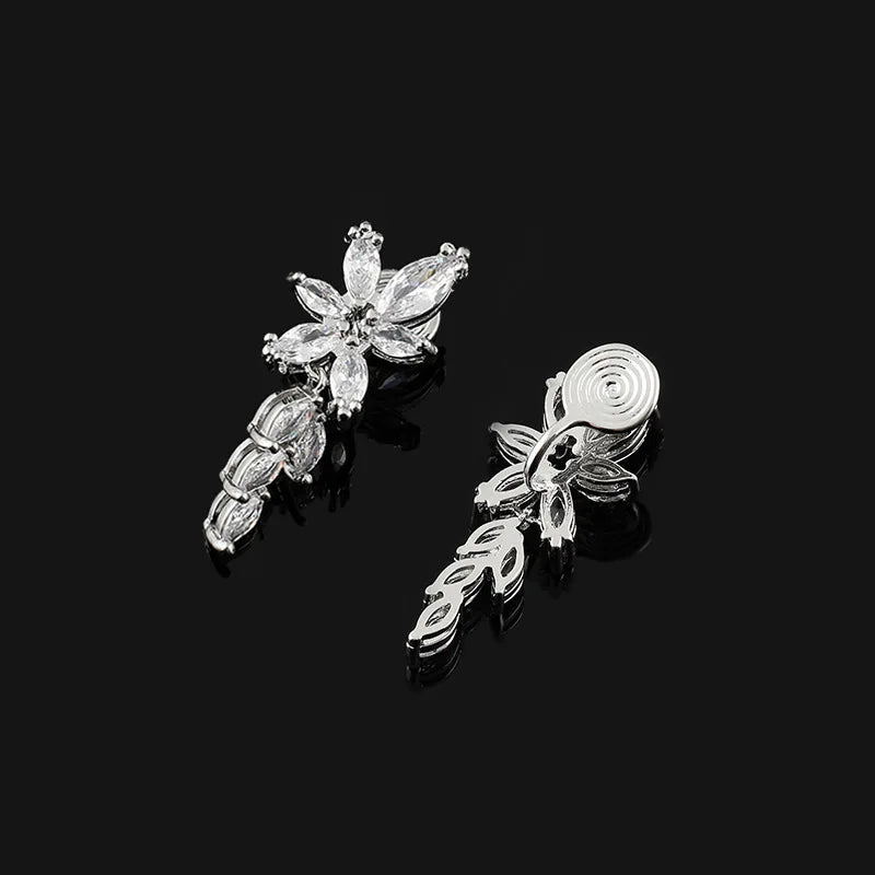 Elegant Zircon Leaf Wheat Flower Stud & Clip On No Piercing Bridal Dangle Earrings