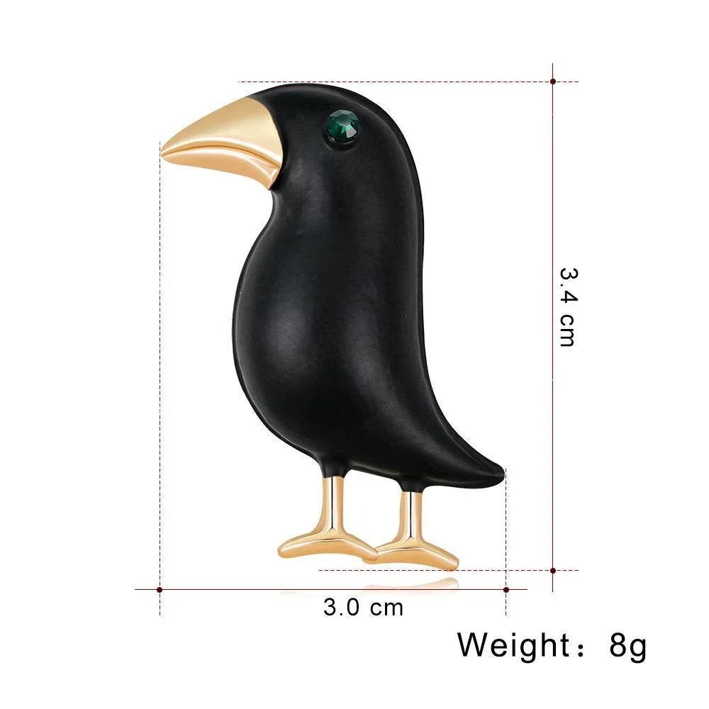 Elegant Black Crow Brooch With Gold Tone Alloy Beak And Green Rhinestone Eye, Animal Lapel Pin Suit Accessory Gift