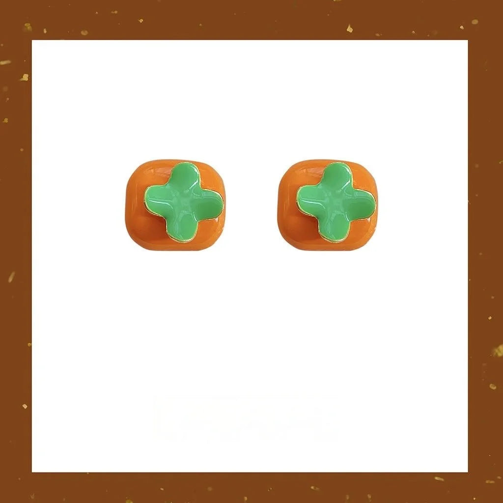 Sweet Persimmon Fruit Stud Earrings Copper Cute Little Lantern Design For Students