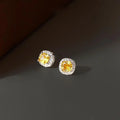Minimalist Light Luxury Geometric Sugar Cube Yellow Zircon Crystal Copper Stud Earrings