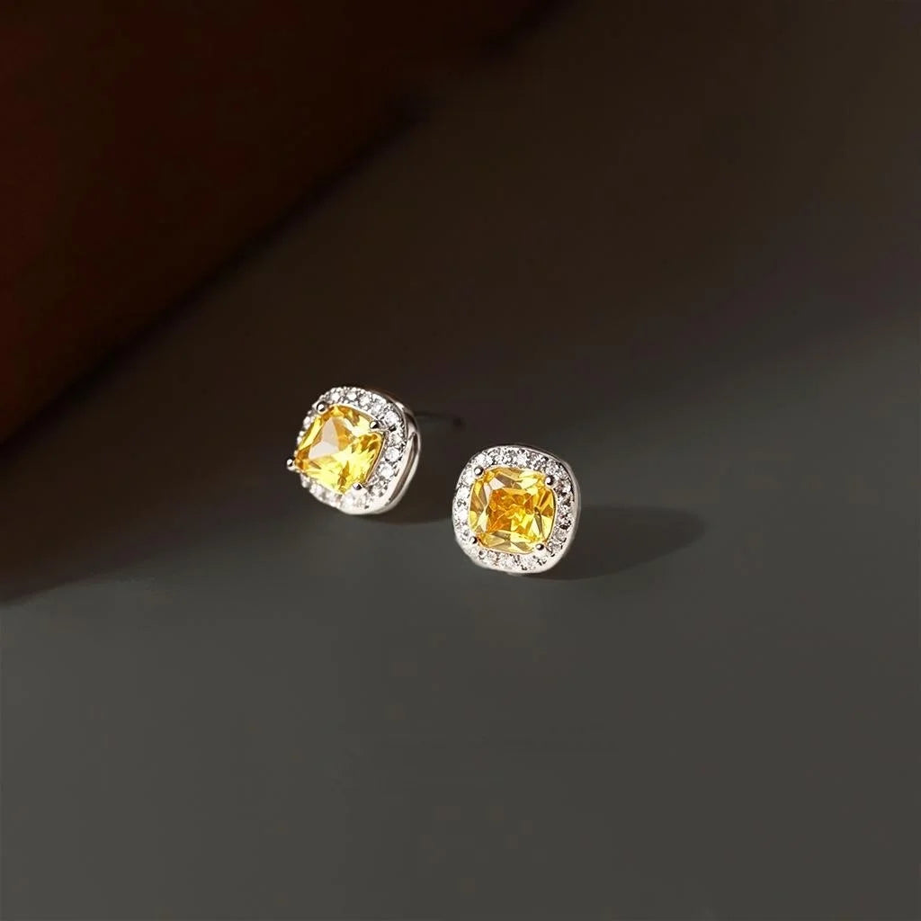 Minimalist Light Luxury Geometric Sugar Cube Yellow Zircon Crystal Copper Stud Earrings