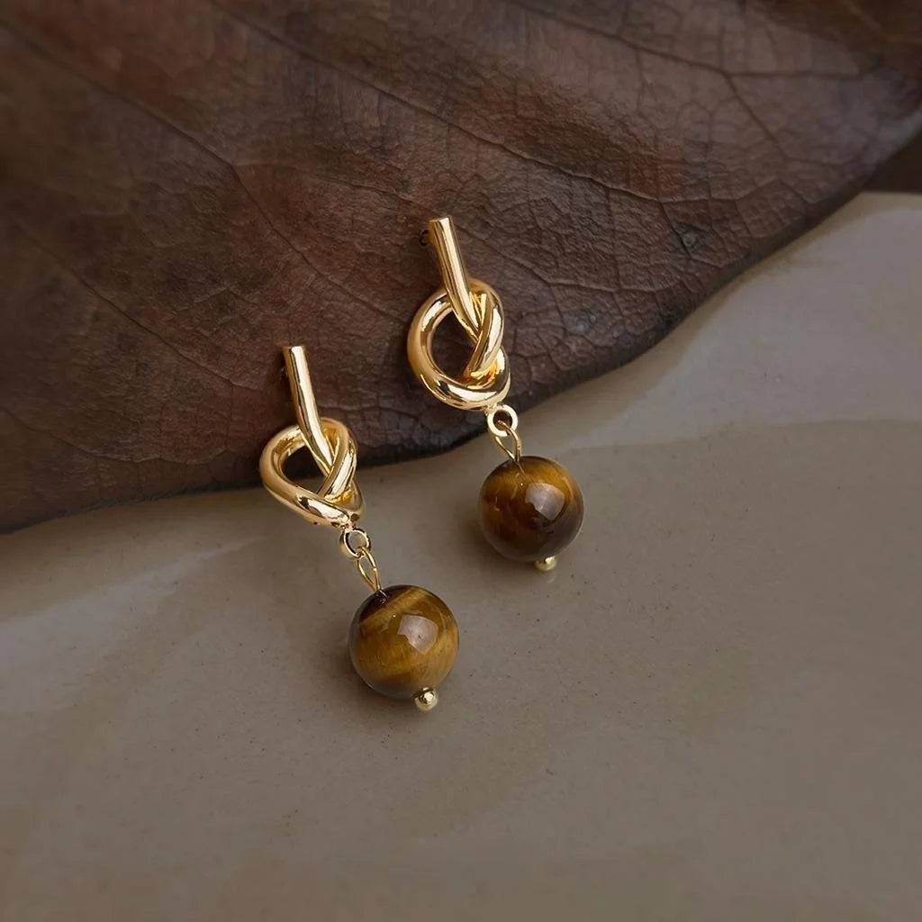 Natural Tiger Eye Stone Geometric Knot Drop Earrings French Vintage Maillard Style