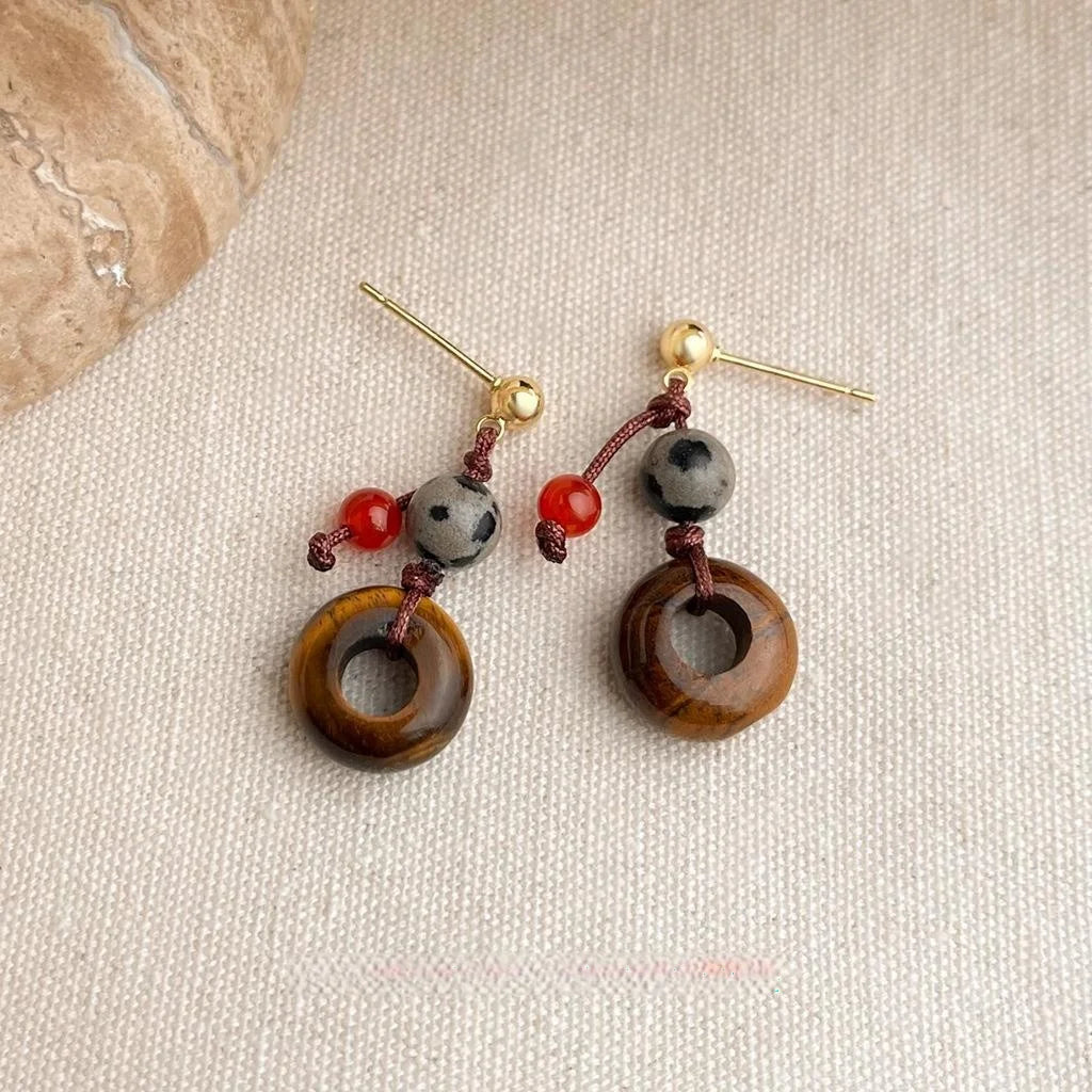 New Chinese Style Tiger Eye Red Agate Spotted Stone Peace Buckle Drop Earrings