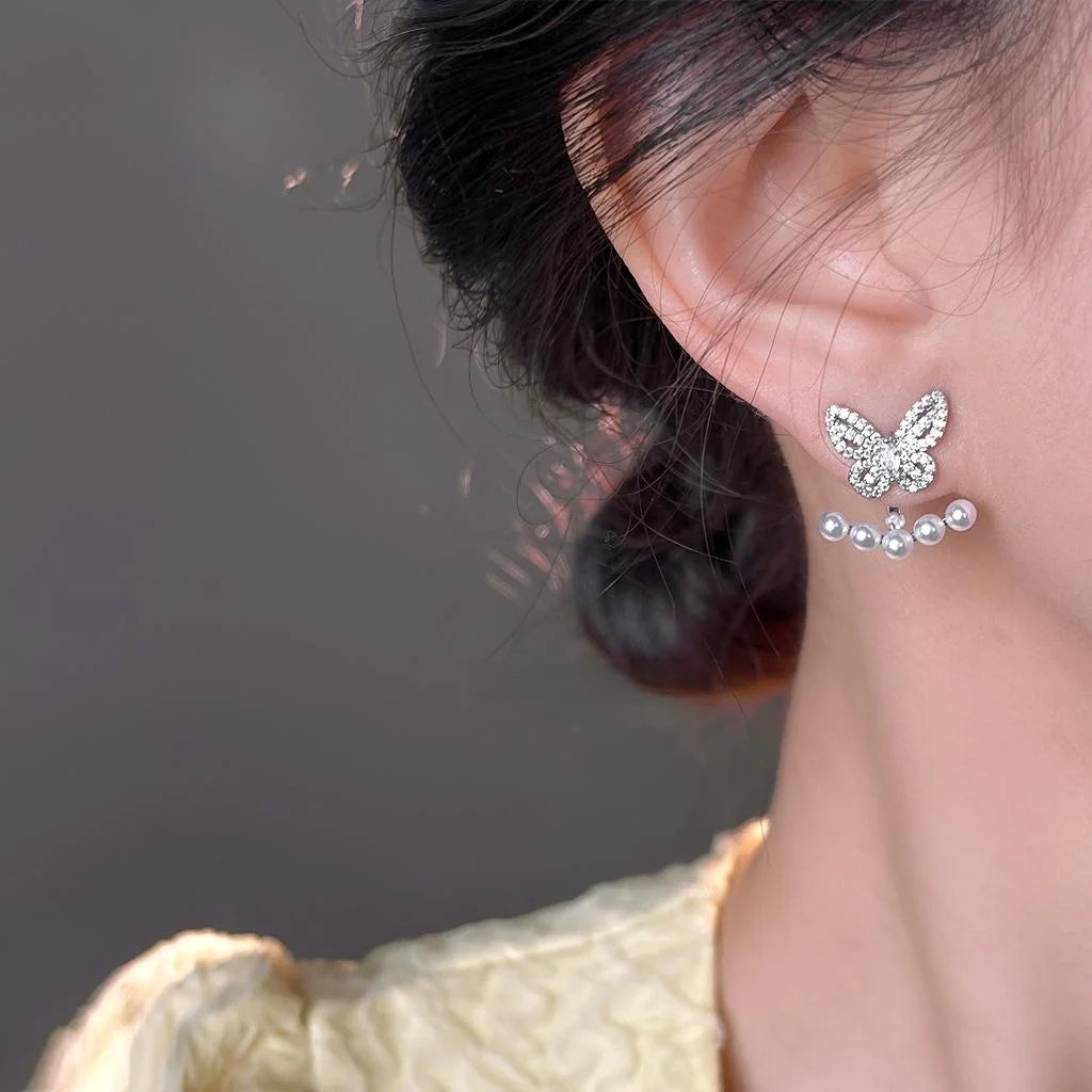 Two Way Butterfly Pearl Drop Earrings With Micro Pave Zircon Copper Sweet Style