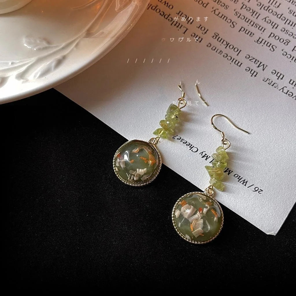 14K Silver Plated Natural Stone Round Geometric Fairy Style Stud Earrings For Women
