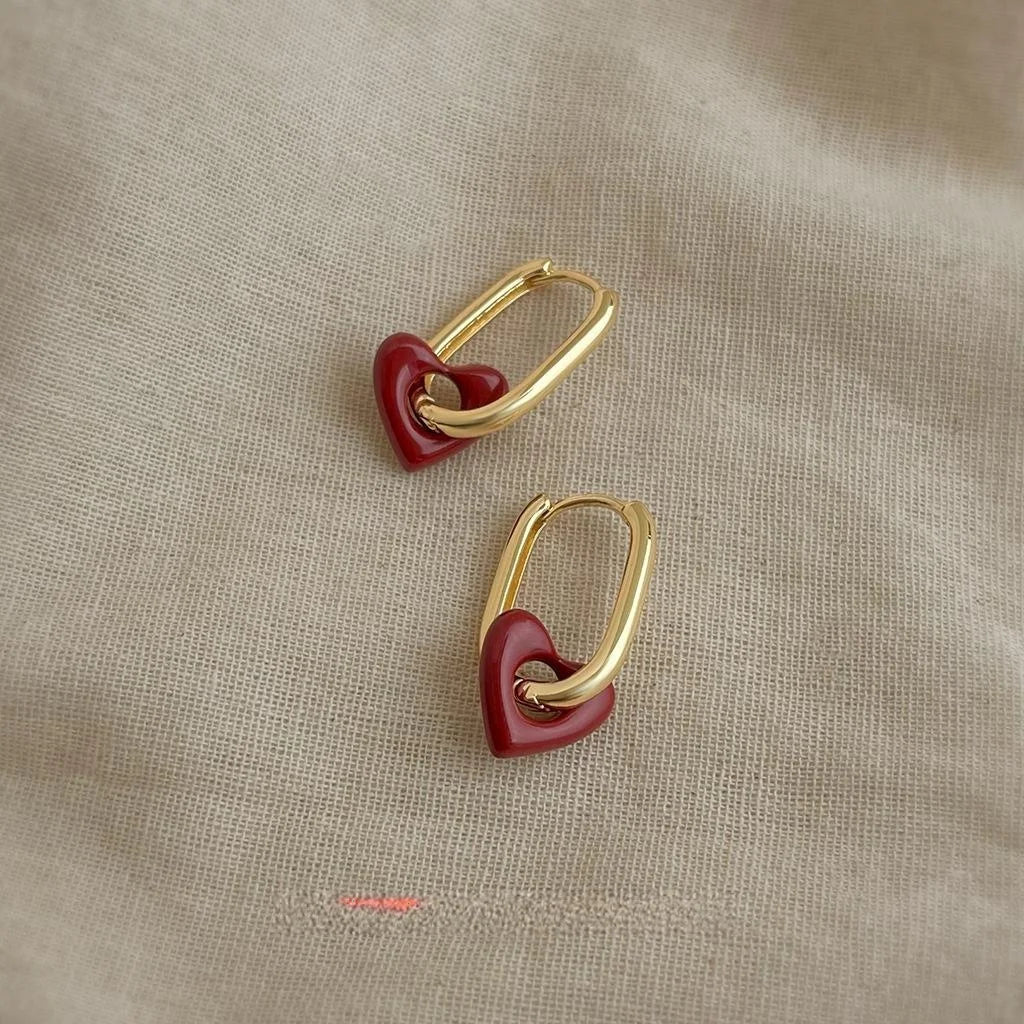 French Vintage Red Hollow Heart Oval Copper Drop Earrings For Women, Elegant Commuter Style