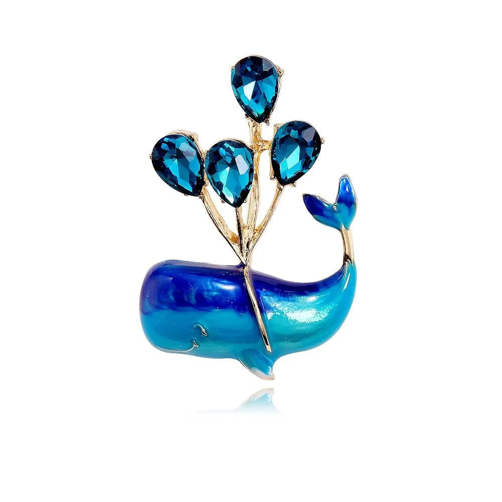 Cute Blue Enamel Whale With Rhinestone Balloons Brooch, Cartoon Ocean Animal Lapel Pin Gift For Women
