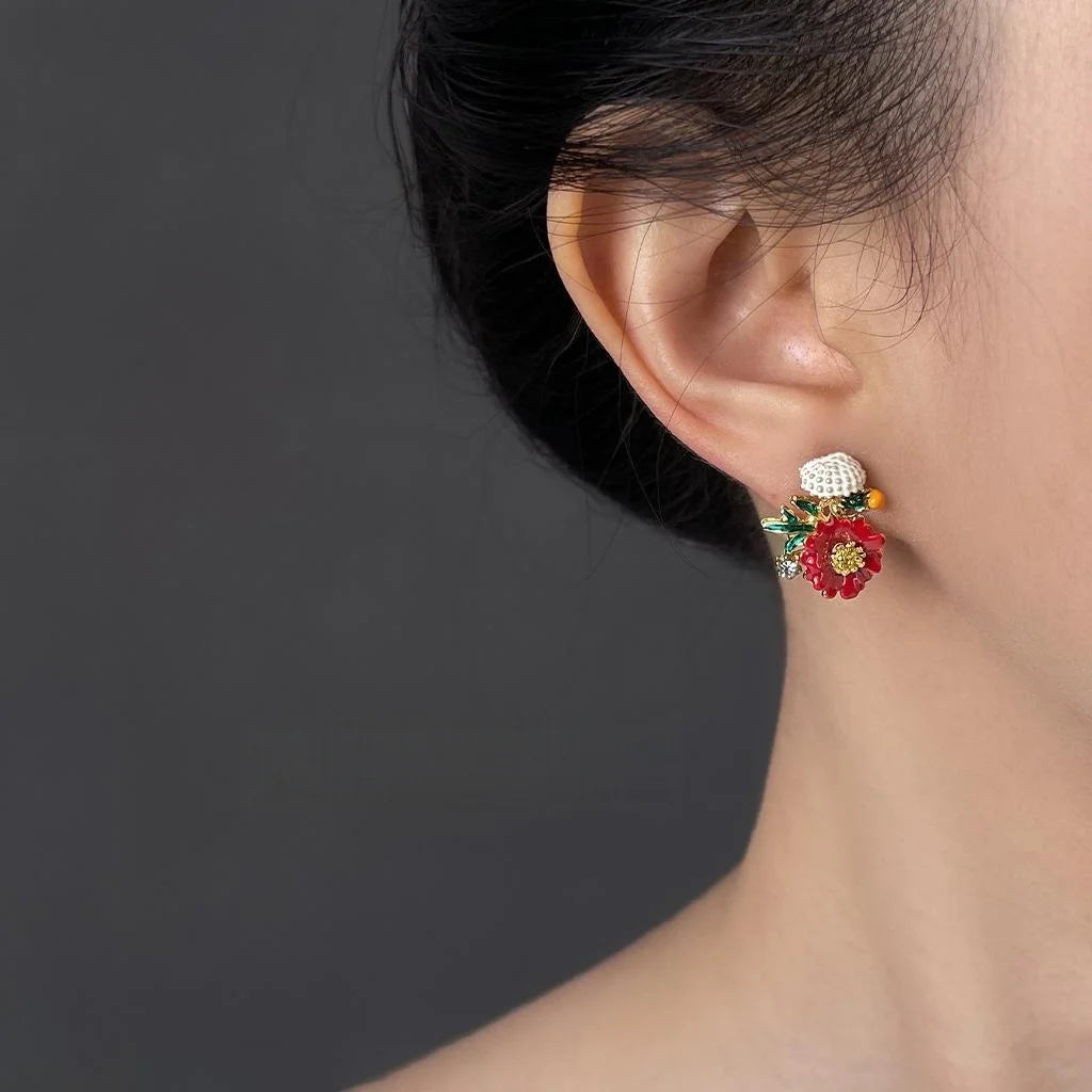 French Oil Painting Style Red Flower Drip Glaze Stud Earrings
