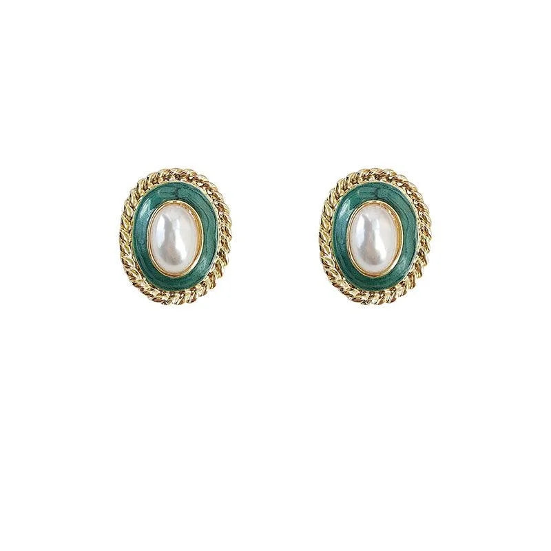 French Court Vintage Oval Enamel Pearl Copper Stud Earrings With Silver Plated Posts