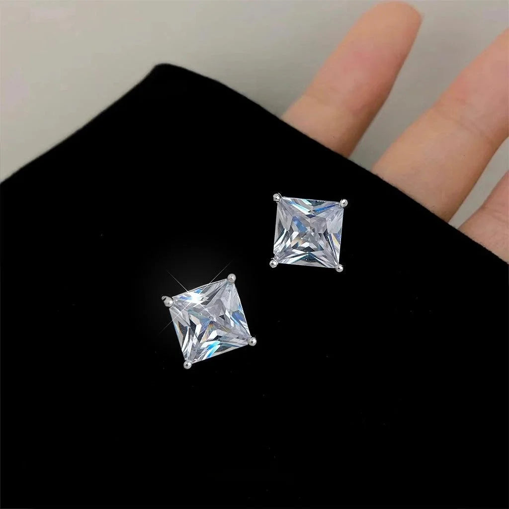 Minimalist Square Zircon Copper Stud Earrings Geometric Sparkly Commuter Jewelry