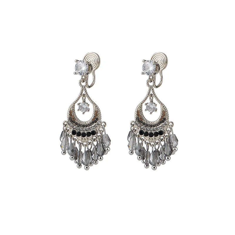 Vintage Ethnic Crescent Grey Crystal Tassel Chandelier Stud & Clip On No Piercing Earrings