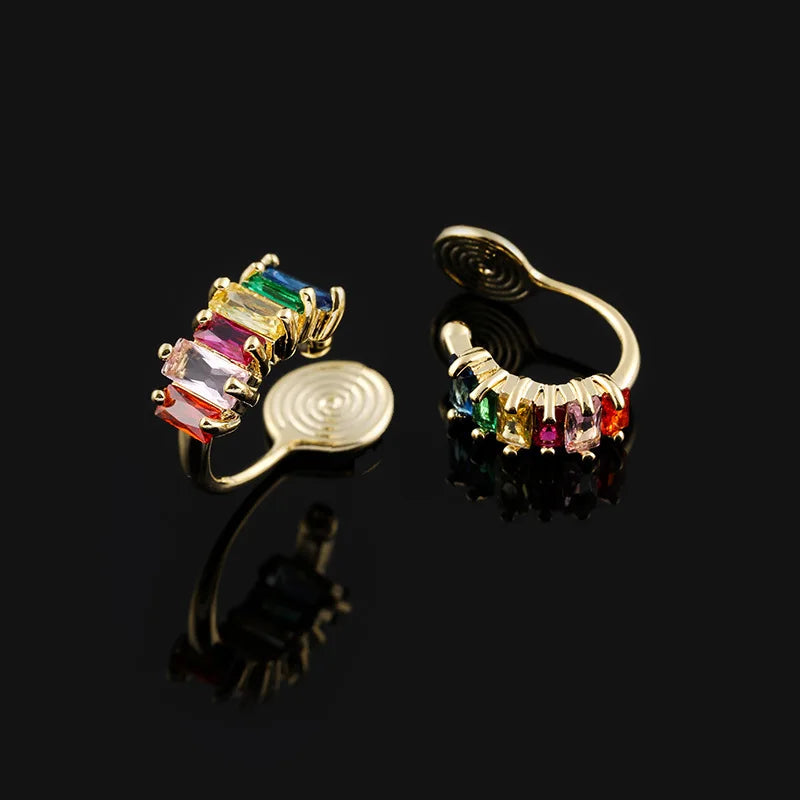 Elegant Colorful Zircon Spiral Hoop Stud & Clip On No Piercing Alloy Contrast Circle Ear Cuff Earrings