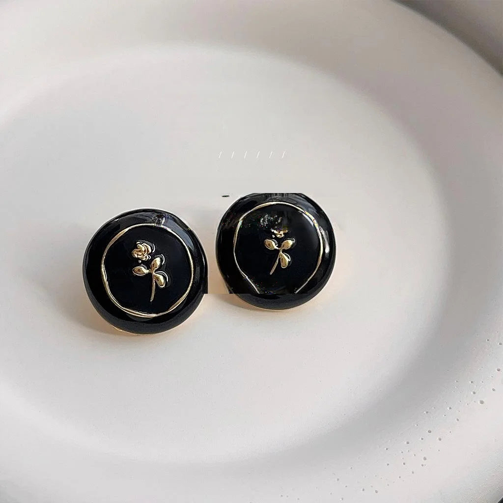 Vintage Black Gold Copper Round Stud Earrings With Enamel Rose Geometric French Style