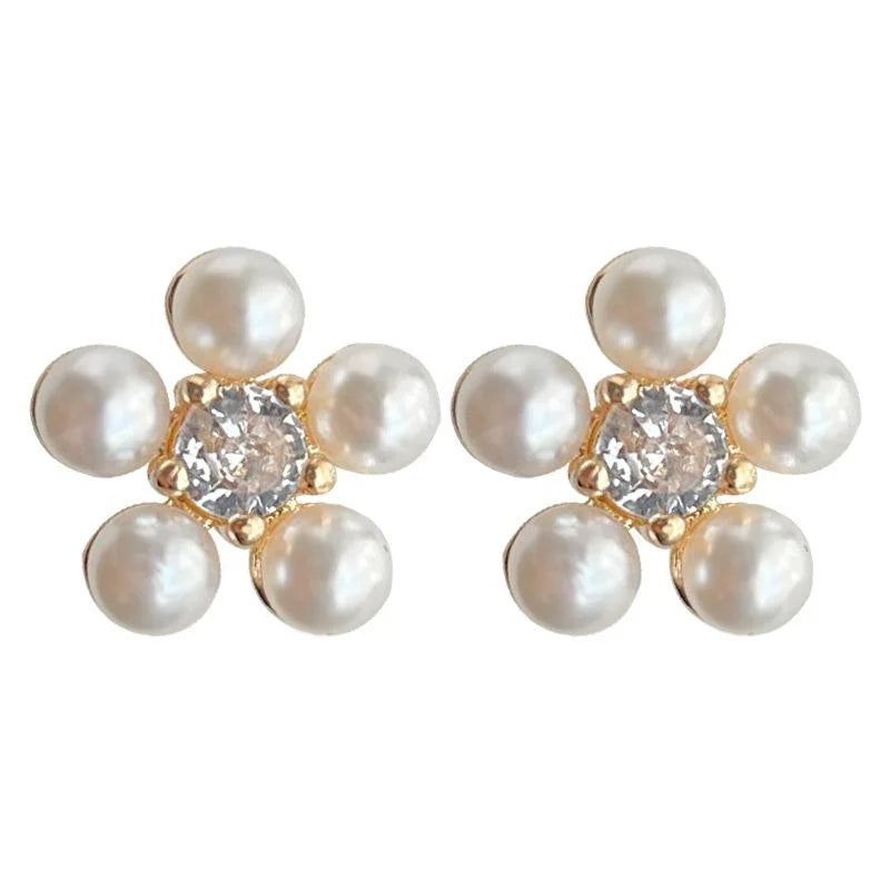 French Vintage Sunflower Pearl Stud Earrings With Micro Pave Zircon, Elegant Floral Silver Plated Pins