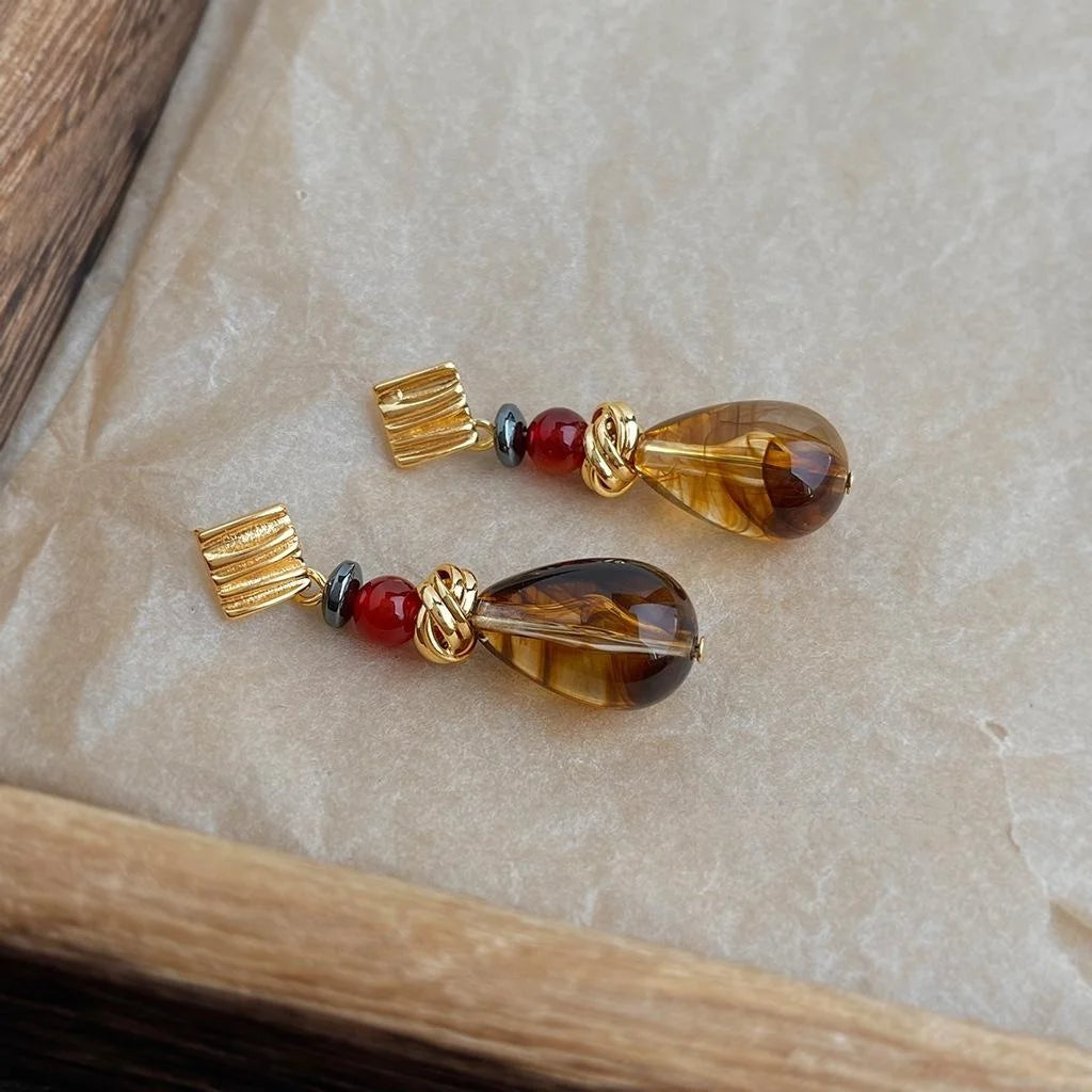 Vintage Maillard Geometric Teardrop Drop Earrings, Copper Black Onyx Red Agate Resin Tassel