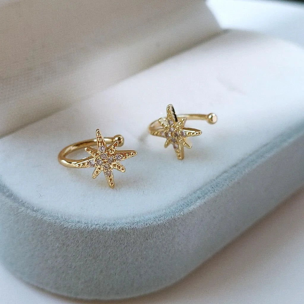 14K Gold Plated Zircon Six-Point Star Clip-On Drop Earrings Korean Minimalist Ear Cuff Jewelry