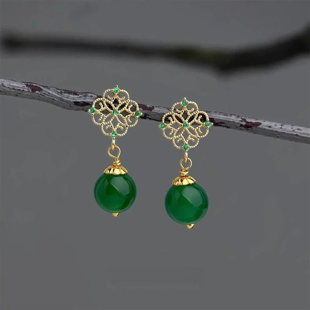 New Chinese Style Green Agate Zircon Micro Pave Hollow Lace Copper Drop Earrings