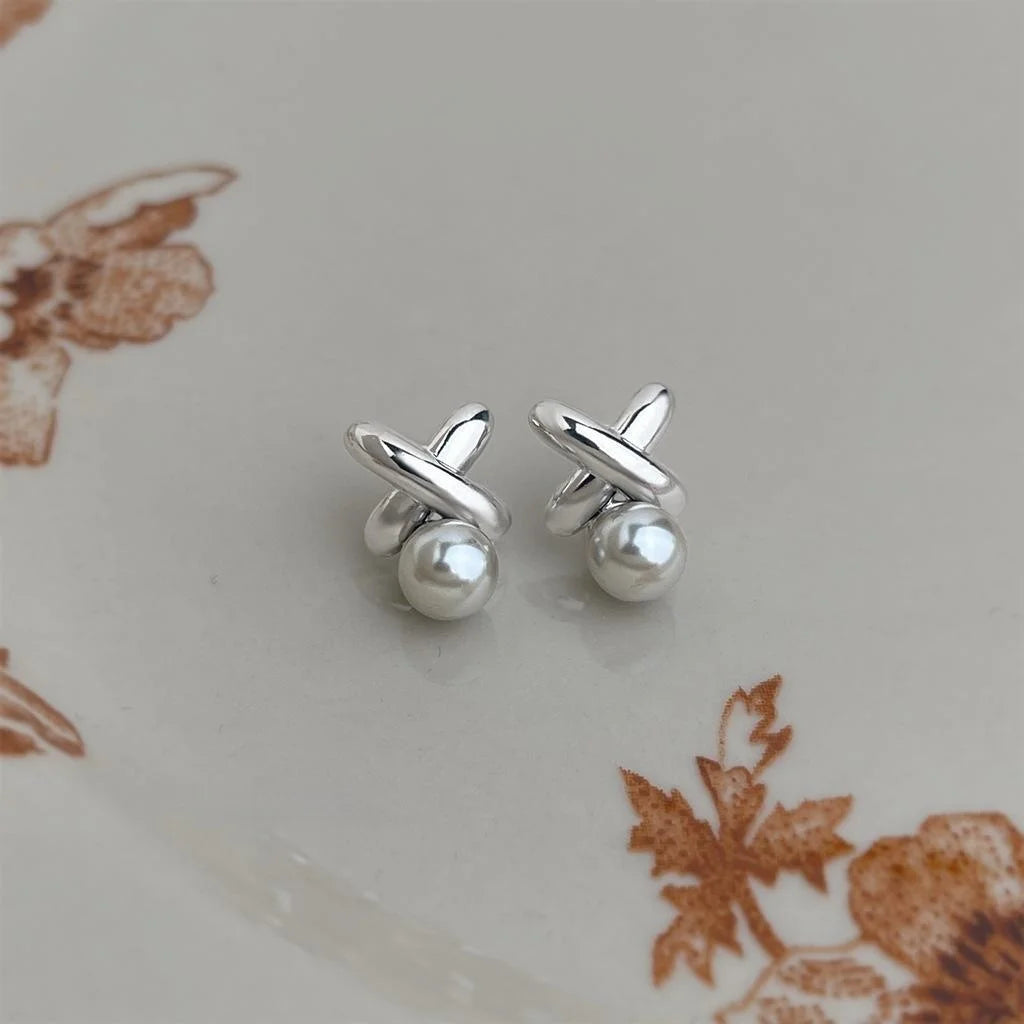 14K Plated Eco Copper Glass Pearl Stud Earrings, Minimalist Floral Line Fashion Jewelry