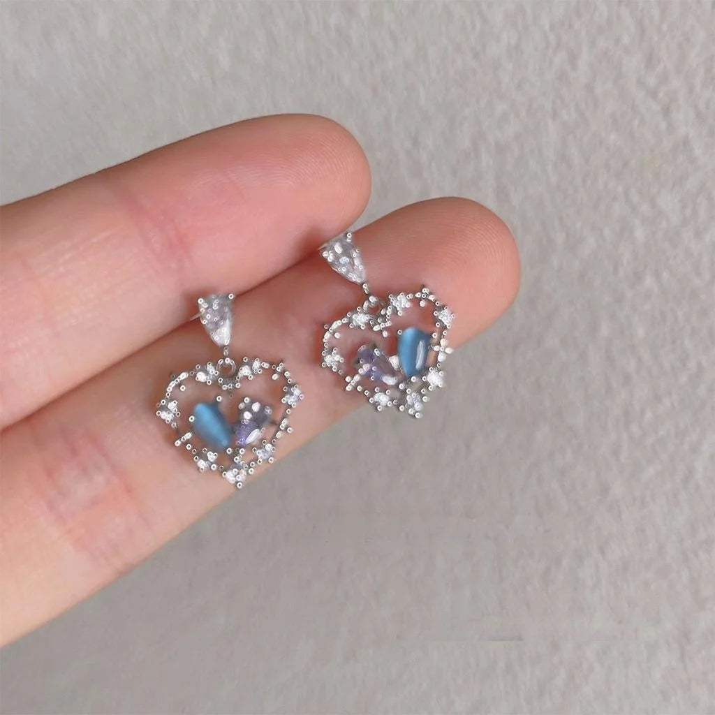 Sweet Cool Copper Hollow Heart Stud Earrings With Micro Pave Zircon And Two Tone Glass Cat Eye Stone