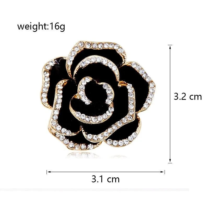 Elegant Black Enamel Camellia Flower Brooch With Rhinestones, Gold Alloy Lapel Pin Suit Accessory