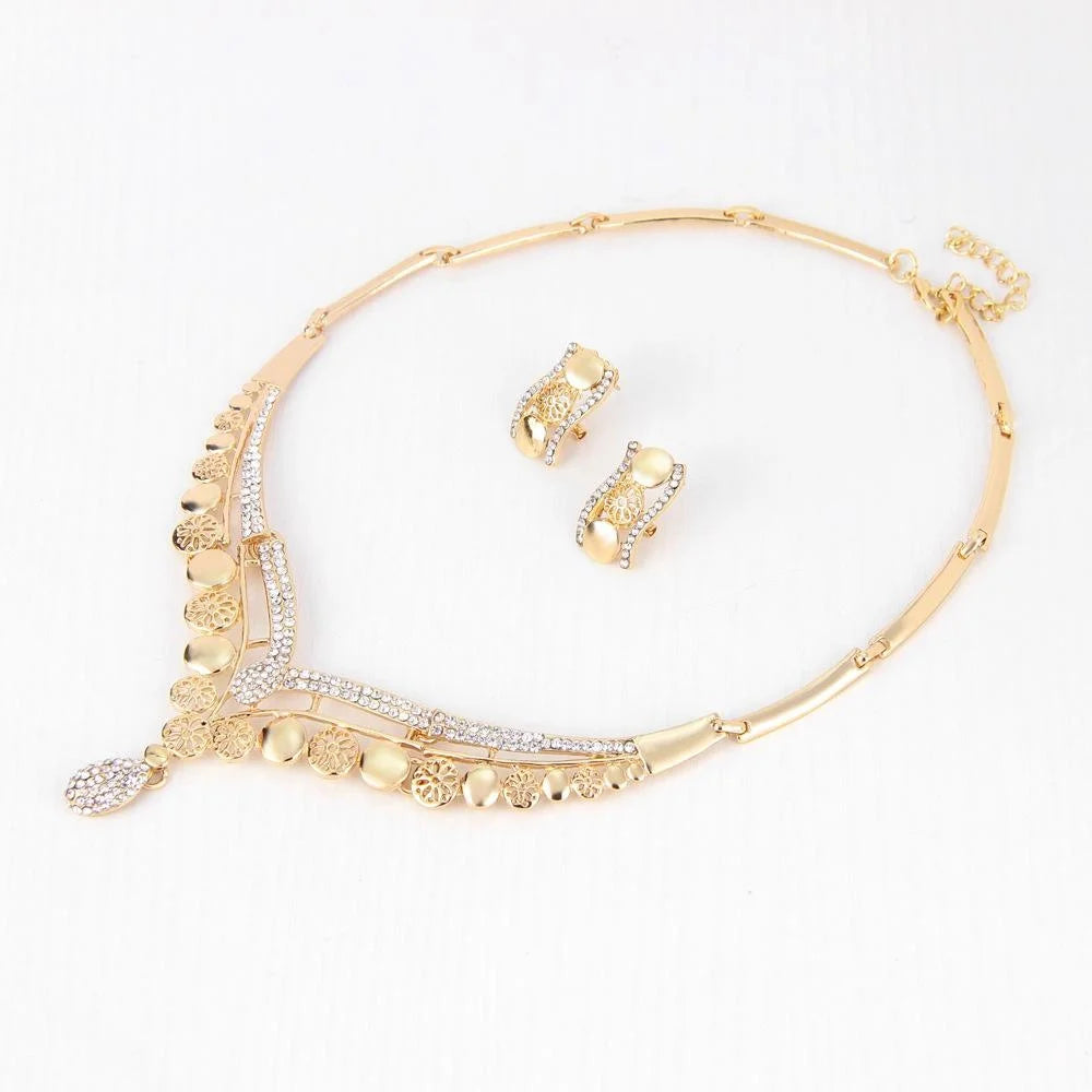 Luxury Gold Tone Rhinestone Jewelry Set, Bridal Necklace Earrings Ring Bracelet For Wedding Banquet