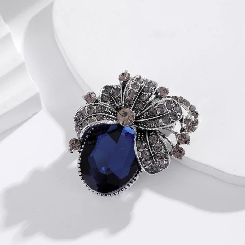 Vintage Bauhinia Flower Brooch With Blue Crystal And Rhinestones, Elegant Alloy Lapel Pin Gift